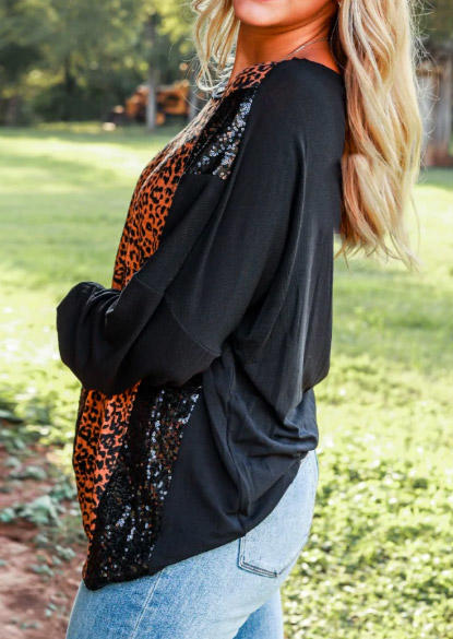 Blouses Leopard Sequined Splicing Long Sleeve Blouse in Black. Size: L,M,S,XL
