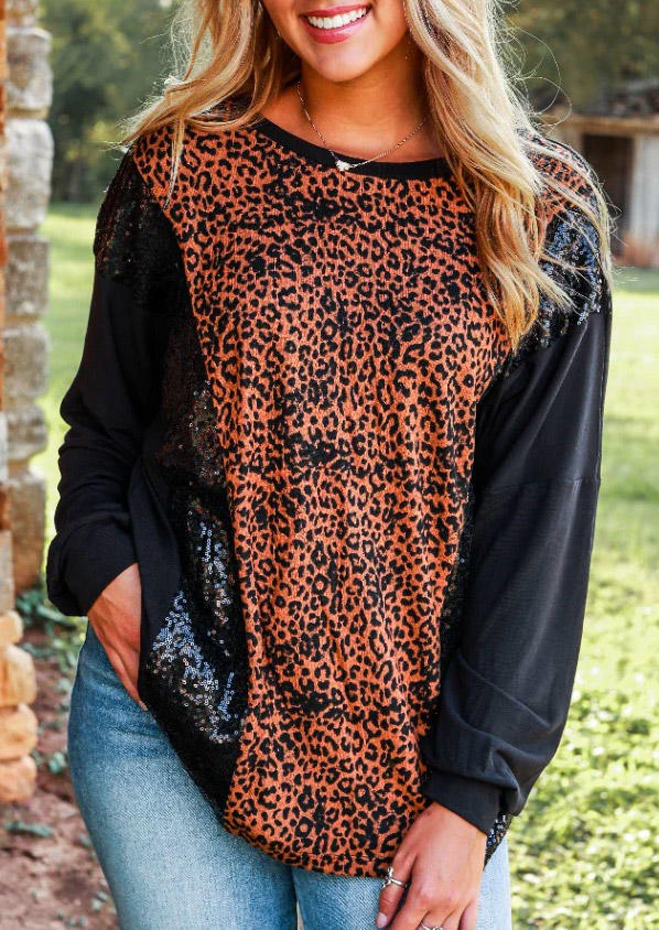 Leopard Sequined Splicing Long Sleeve Blouse - Black
