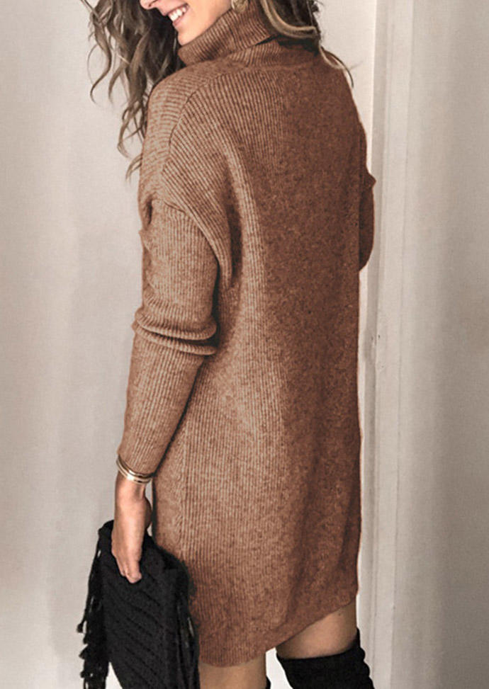 Turtleneck Long Sleeve Sweater Mini Dress - Khaki