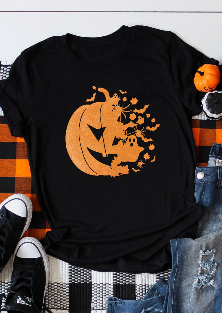 

T-shirts Tees Halloween Pumpkin Face Boo Bat O-Neck T-Shirt Tee in Black. Size: L