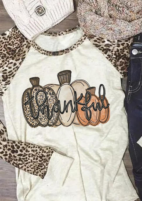 T-shirts Tees Thankful Pumpkin Leopard O-Neck T-Shirt Tee in Apricot. Size: L,M,S,XL