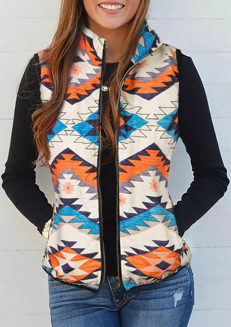 

Coats Aztec Geometric Zipper Pocket Sleeveless Vest Coat in Multicolor. Size