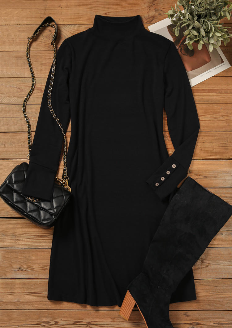Mini Dresses Button Long Sleeve Turtleneck Mini Dress in Black. Size: L,M,S