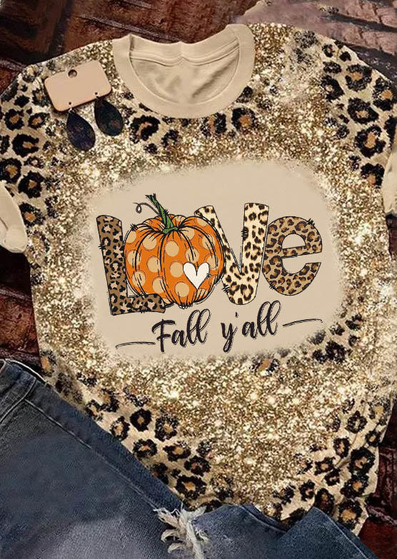 

T-shirts Tees Love Fall Y'all Leopard Pumpkin Glitter T-Shirt Tee in Multicolor. Size
