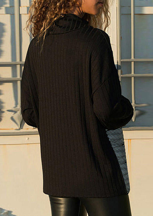 

Blouses Striped Mesh Splicing Turtleneck Blouse in Black. Size: L,M