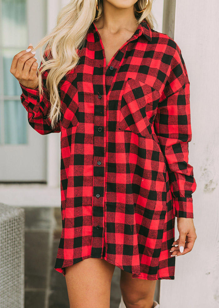 Buffalo Plaid Button Turn-Down Collar Shirt Mini Dress