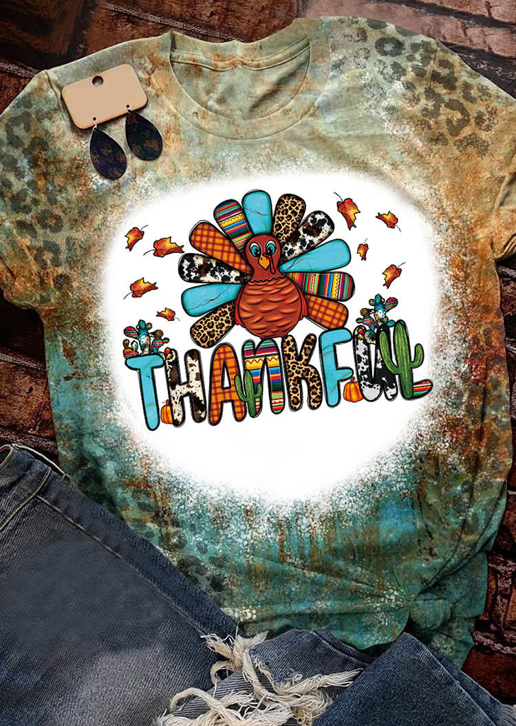 T-shirts Tees Thanksgiving Turkey Serape Striped Leopard Cow Bleached T-Shirt Tee in Multicolor. Size: L,M,S,XL