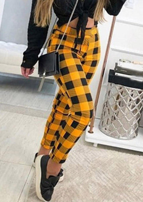 Pants Plaid Pocket Elastic Waist Casual Pants in Yellow. Size: M