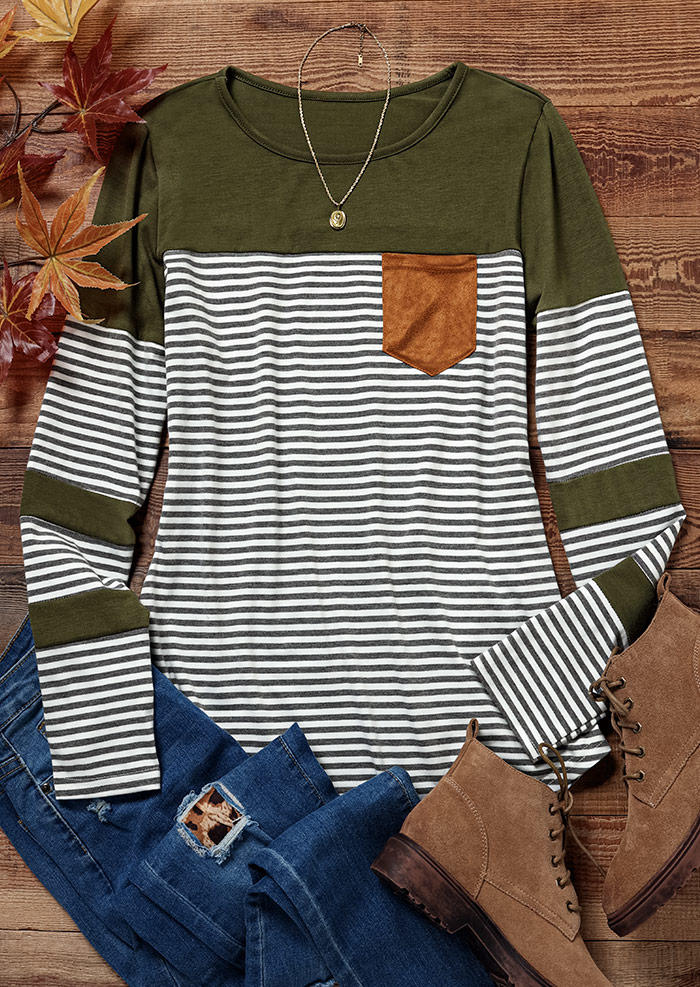 

Blouses Color Block Striped Pocket Long Sleeve Blouse in Multicolor. Size