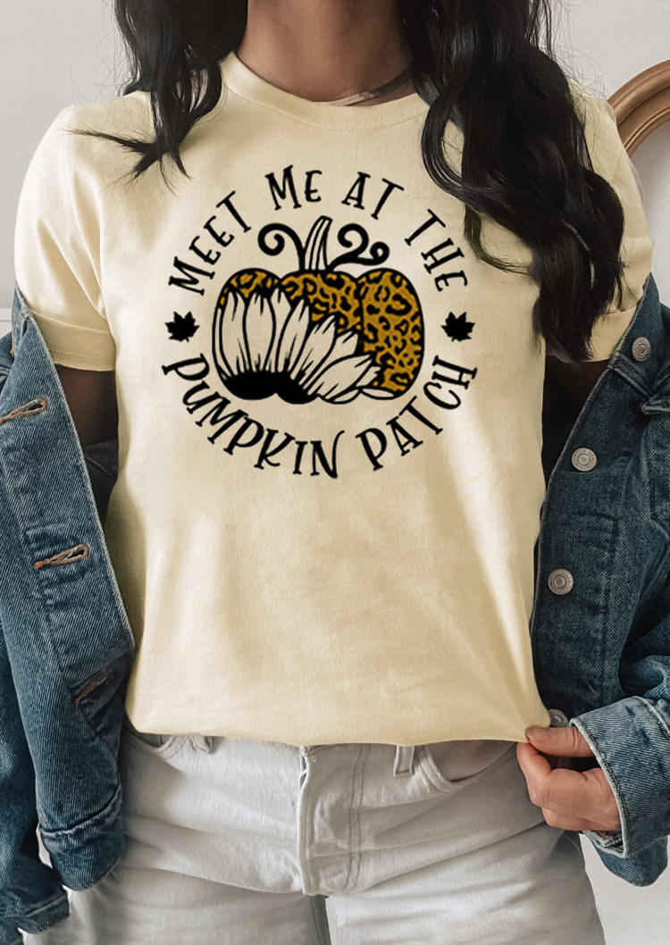 Meet Me At The Pumpkin Patch Leopard Maple Leaf T-Shirt Tee - Light Yellow