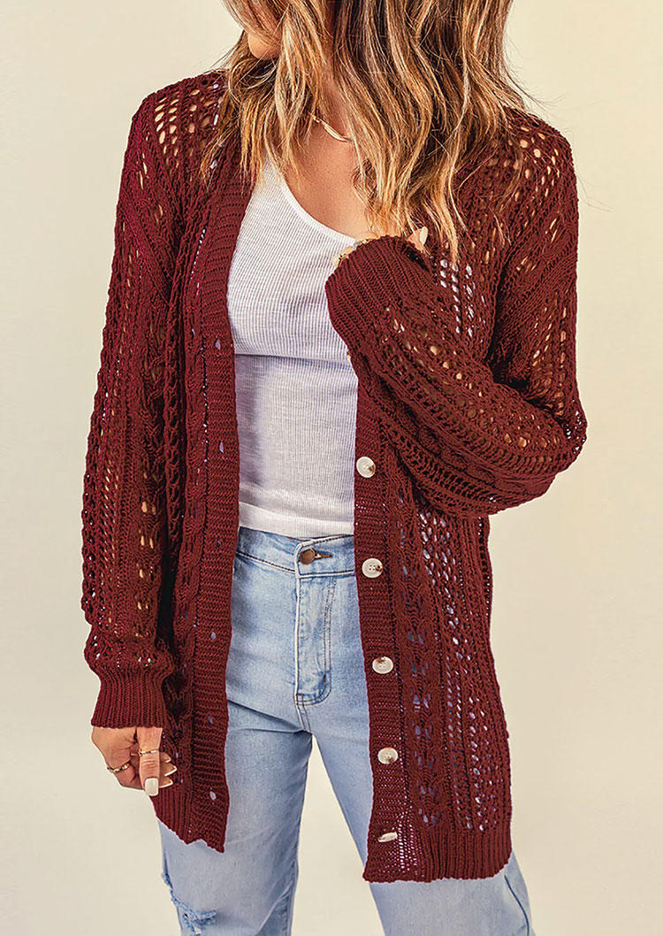 

Cardigans Crochet Drop Shoulder Knitted Cardigan - Burgundy in Red. Size: L,M,,XL