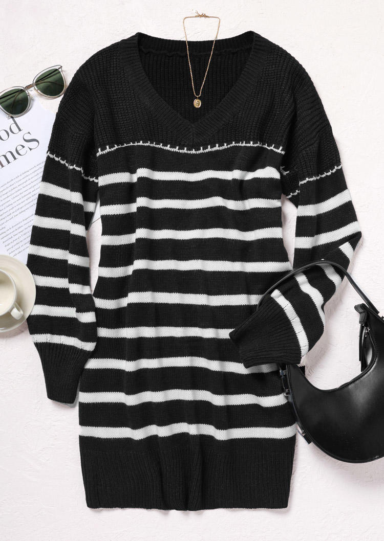 

Sweater Dresses Striped Long Sleeve V-Neck Sweater Dress in Black. Size