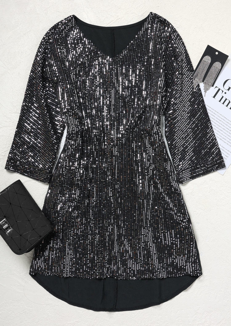 

Mini Dresses Sequined Pocket V-Neck Mini Dress in Black. Size