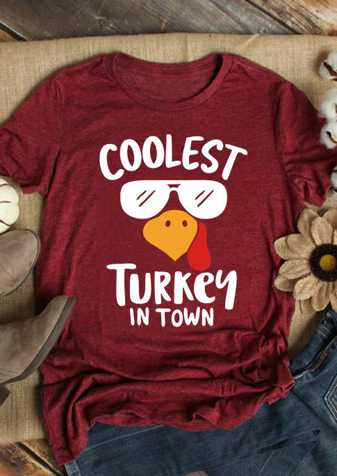 

T-shirts Tees Thanksgiving Coolest Turkey In Town O-Neck T-Shirt Tee - Burgundy in Red. Size