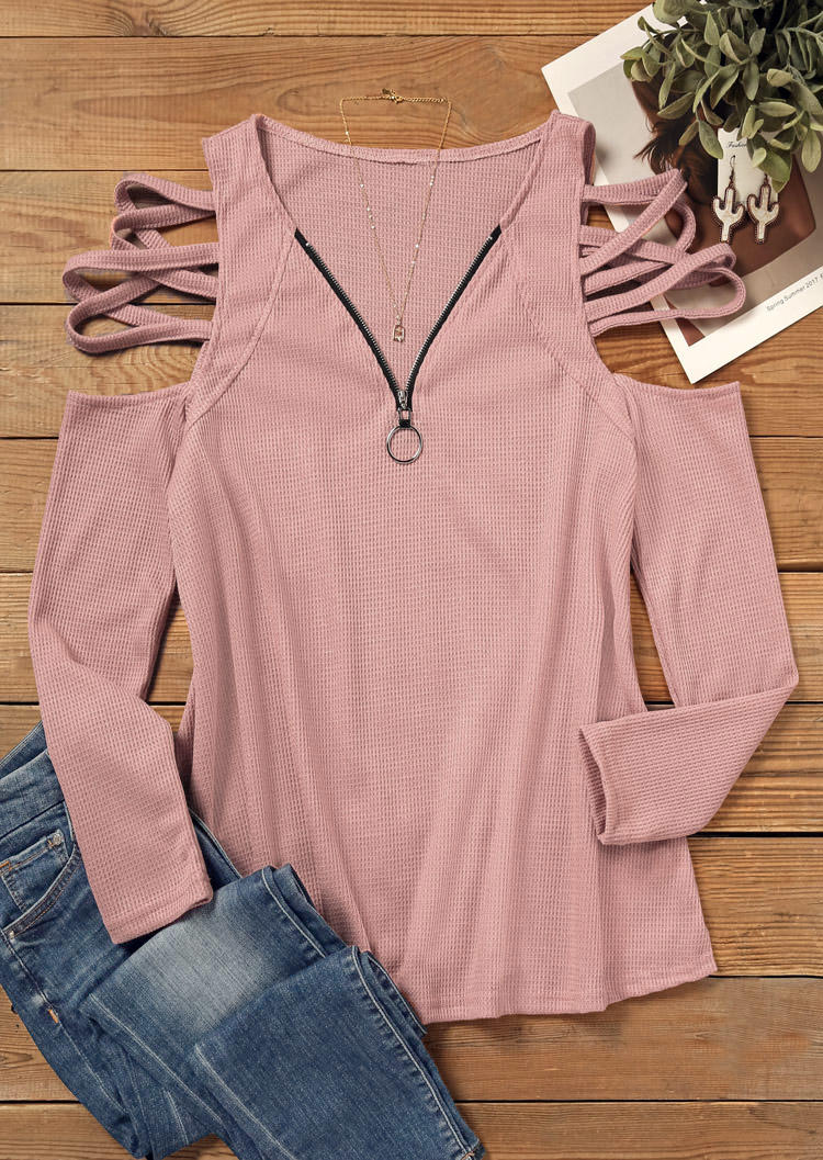 

Blouses Criss-Cross Waffle Zipper Collar Blouse in Pink. Size