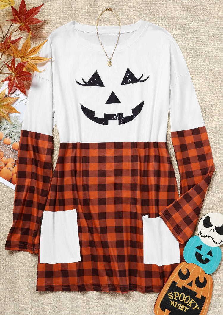 Mini Dresses Halloween Pumpkin Face Plaid Pocket Mini Dress in Multicolor. Size: L,S,XL
