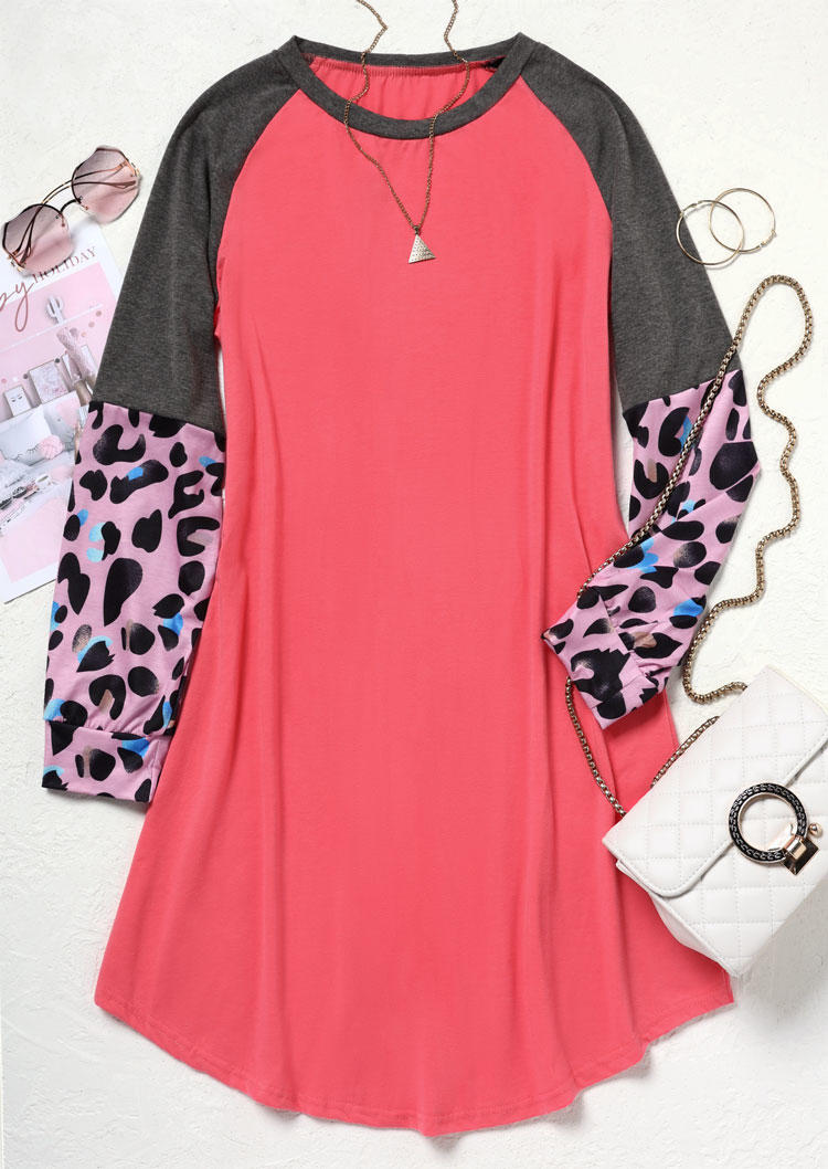 Mini Dresses Leopard Color Block Long Sleeve Mini Dress - Watermelon Red in Red. Size: L,M,S,XL