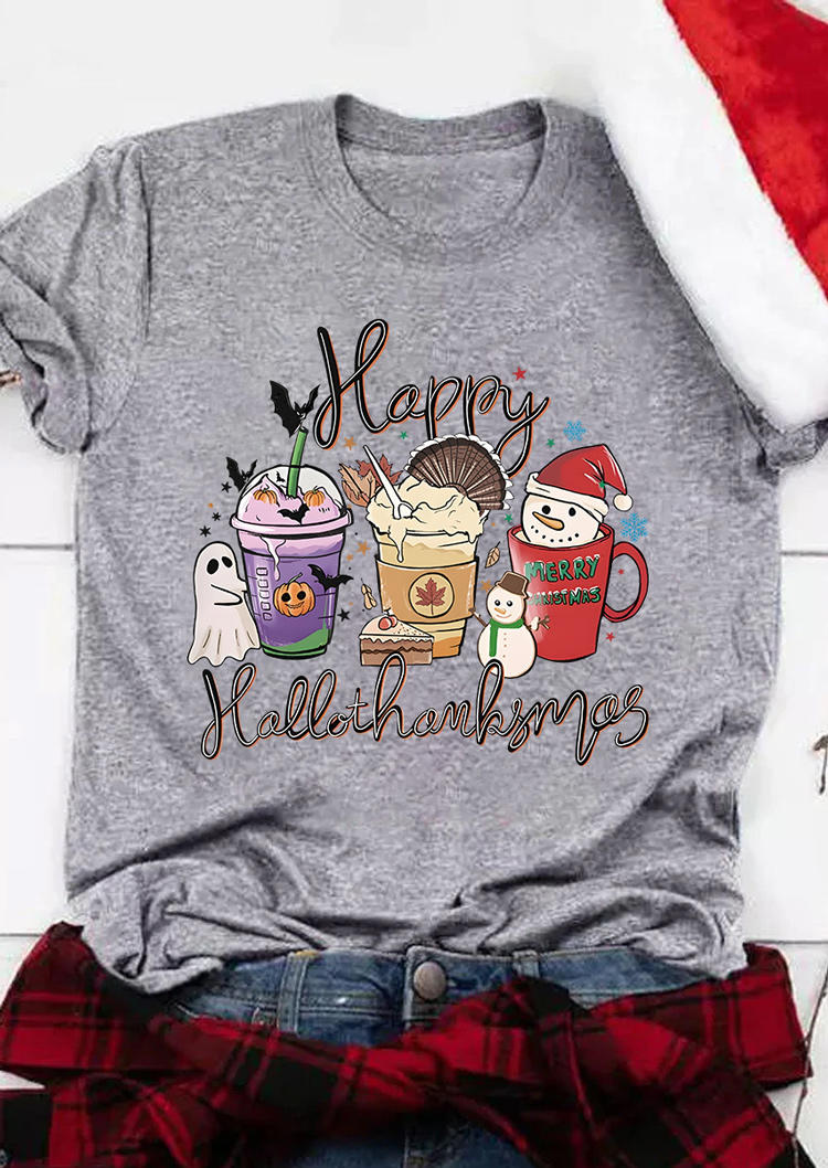 T-shirts Tees Happy Hallothanksmas Coffee Ghost Pumpkin Face T-Shirt Tee in Gray. Size: L,M,S,XL