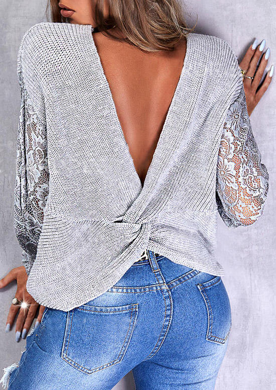Lace Splicing Twist Open Back Sweater - Light Grey