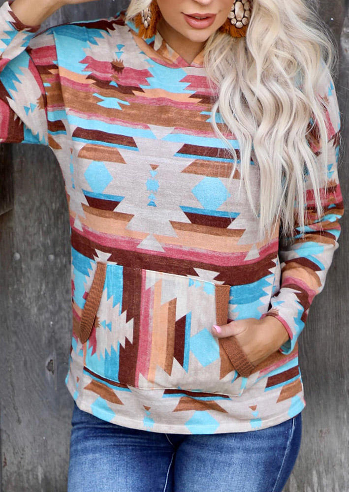 

Hoodies Aztec Geometric Kangaroo Pocket Hoodie in Multicolor. Size
