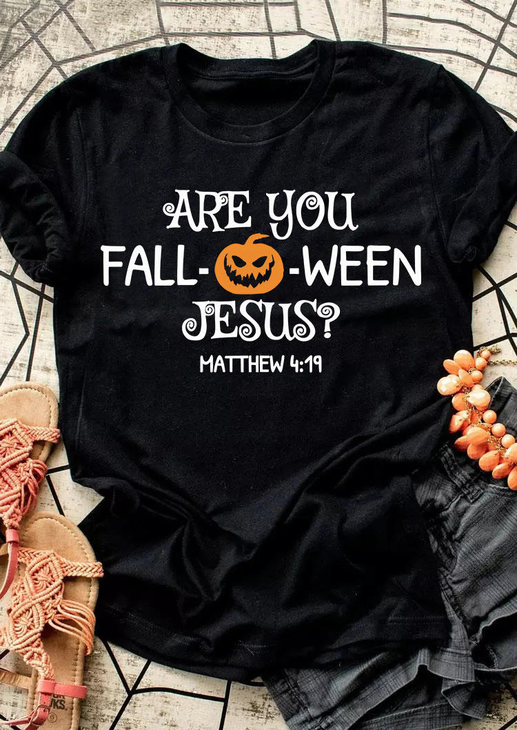 

T-shirts Tees Halloween Are You Fall-O-Ween Jesus Matthew 4:19 Pumpkin Face T-Shirt Tee in Black. Size
