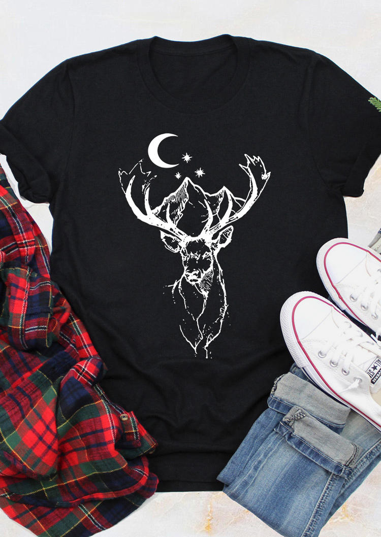 T-shirts Tees Mountain Moon Star Deer O-Neck T-Shirt Tee in Black. Size: L