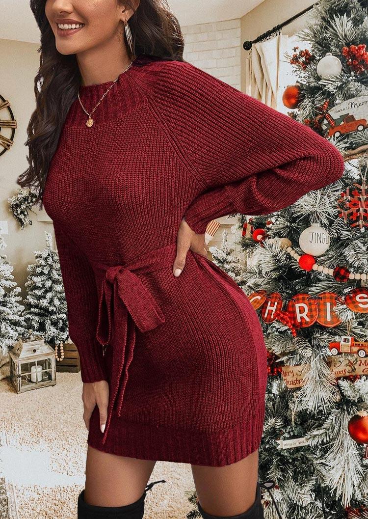 

Sweater Dresses Long Sleeve O-Neck Sweater Dress With Belt - Burgundy in Red. Size