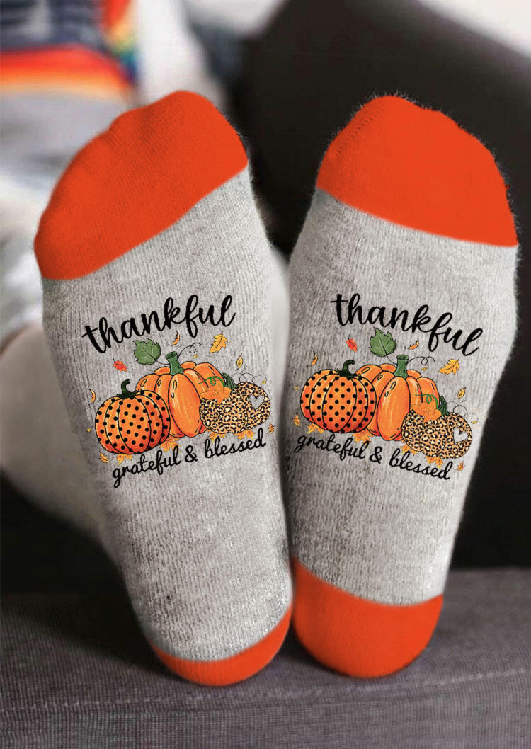 

Crew Socks Thankful Grateful & Blessed Leopard Pumpkin Polka Dot Crew Socks in Gray. Size