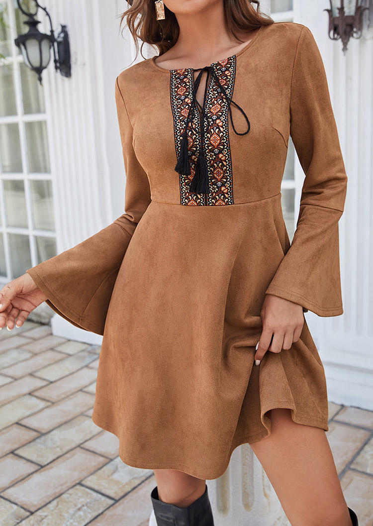 

Mini Dresses Ethnic Hollow Out Tie Flare Sleeve Mini Dress in Khaki. Size: L,M,,XL