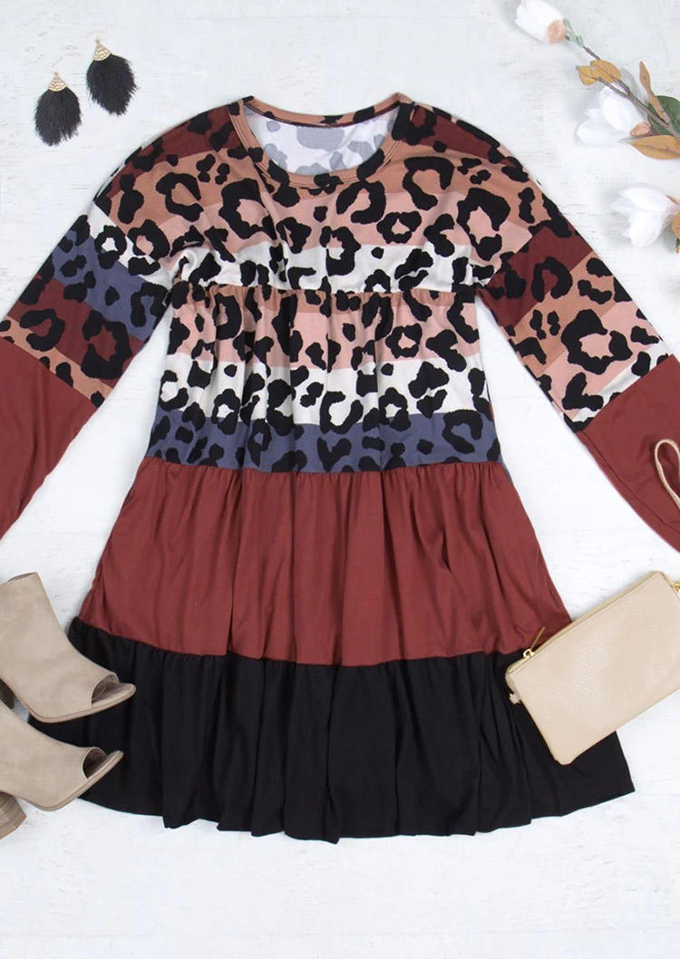 

Mini Dresses Leopard Color Block Ruffled Pocket Mini Dress in Multicolor. Size