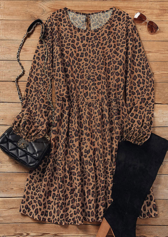 

Mini Dresses Leopard Ruffled Button Long Sleeve Mini Dress in Multicolor. Size