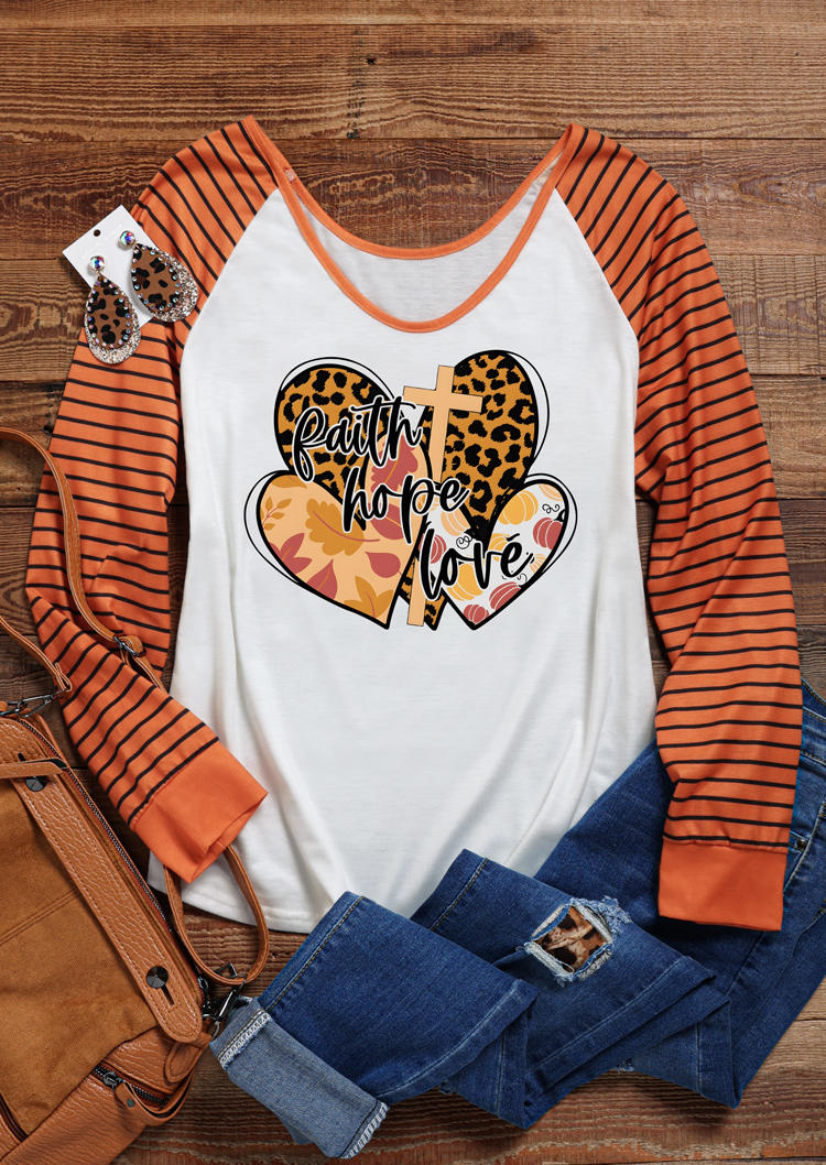 T-shirts Tees Faith Hope Love Leopard Striped Pumpkin Leaf T-Shirt Tee in Orange. Size: M,S