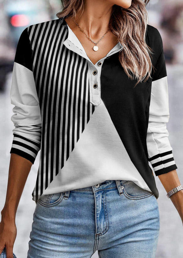 

Blouses Striped Color Block Button Long Sleeve Blouse in Black. Size