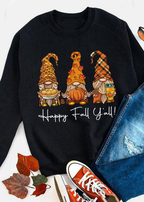 Happy Fall Y'all Gnomies Pullover Sweatshirt - Black