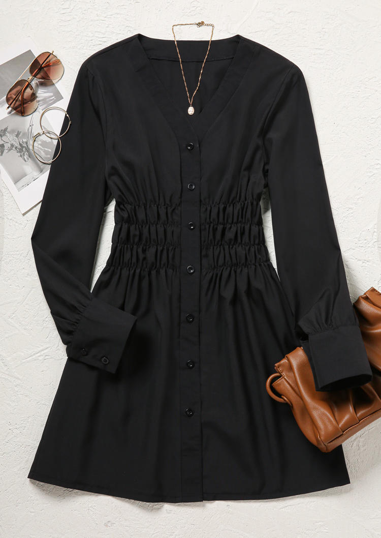 Mini Dresses Smocked Button Long Sleeve V-Neck Mini Dress in Black. Size: L,M,S,XL