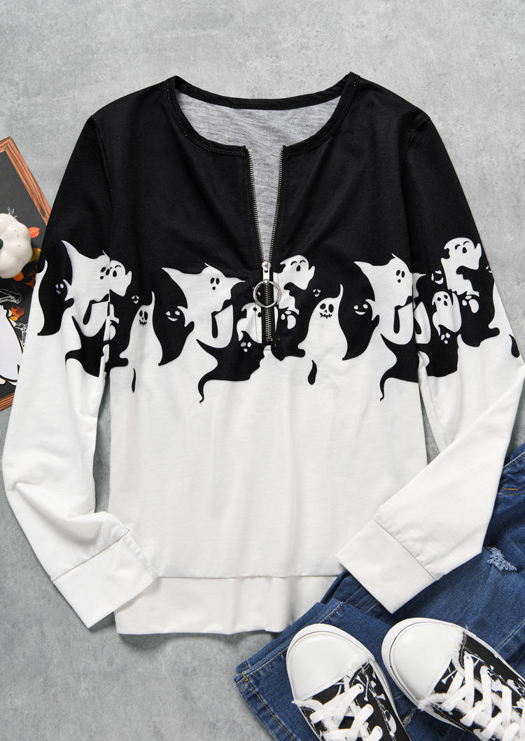 

Blouses Halloween Ghost Zipper Collar Long Sleeve Blouse in Multicolor. Size