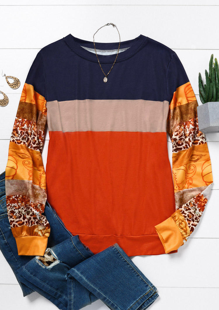 Sweatshirts Leopard Pumpkin Color Block Pullover Sweatshirt in Multicolor. Size: L,M,S,XL