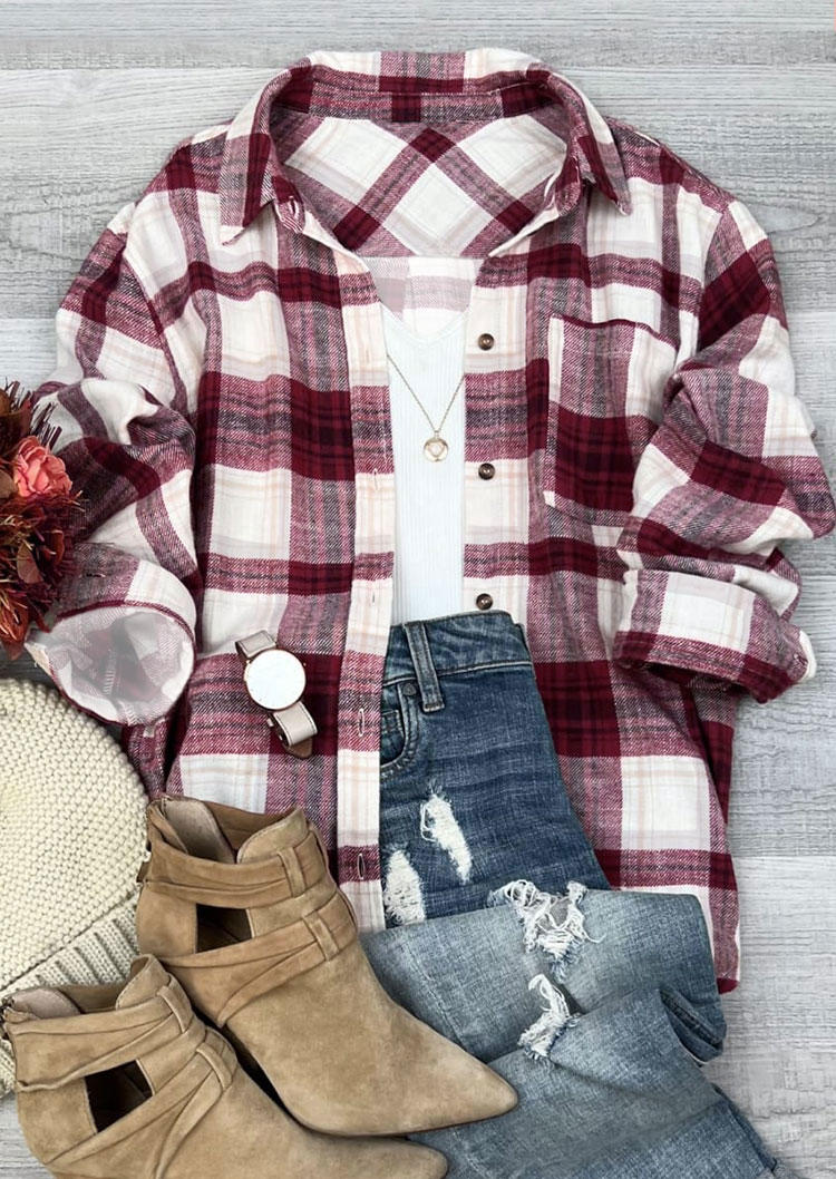 

Shirts Plaid Pocket Turn-down Collar Long Sleeve Shirt in Multicolor. Size