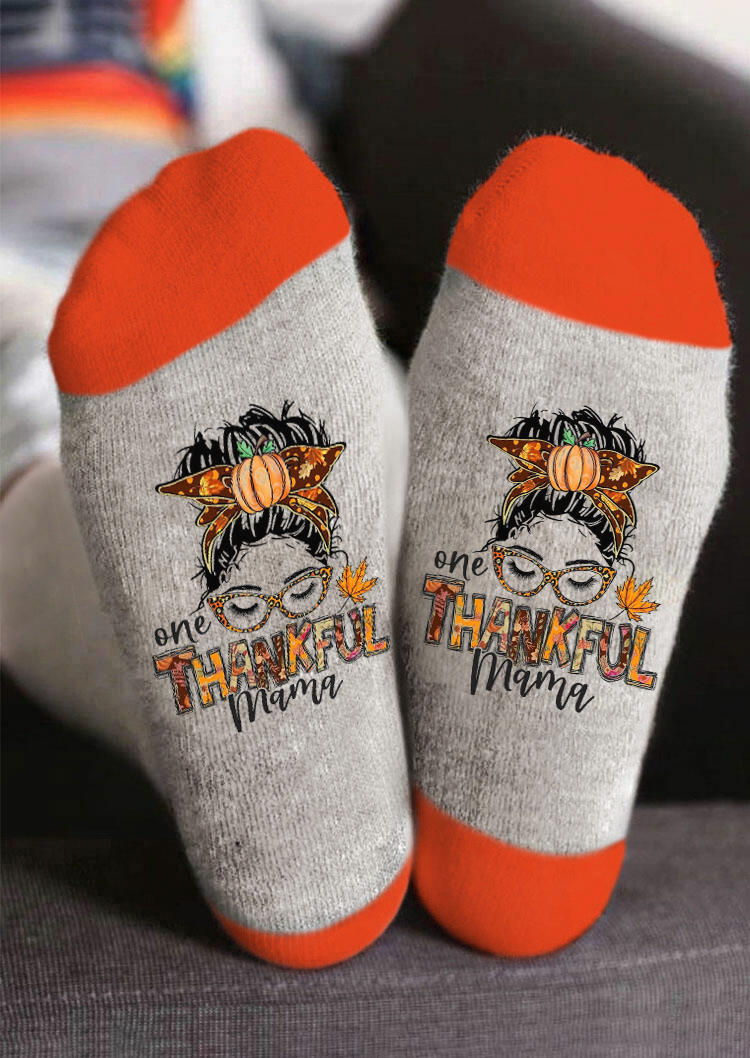 

Crew Socks One Thankful Mama Pumpkin Maple Leaf Crew Socks in Gray. Size