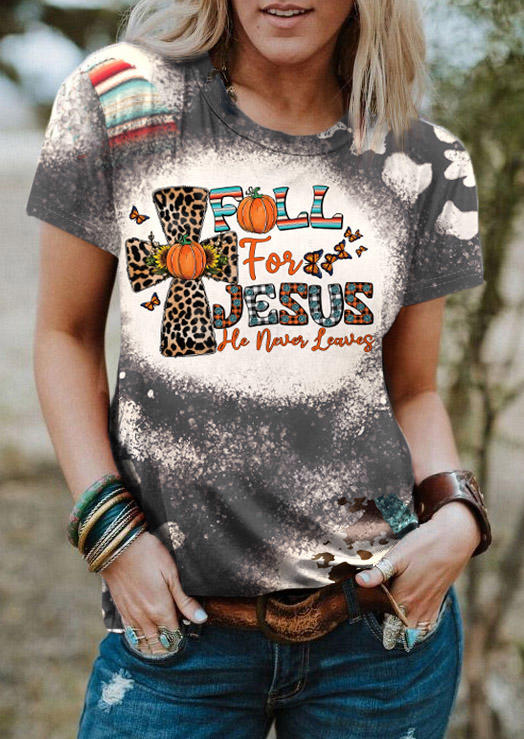 Fall For Jesus He Never Leaves Leopard Cross Pumpkin T-Shirt Tee