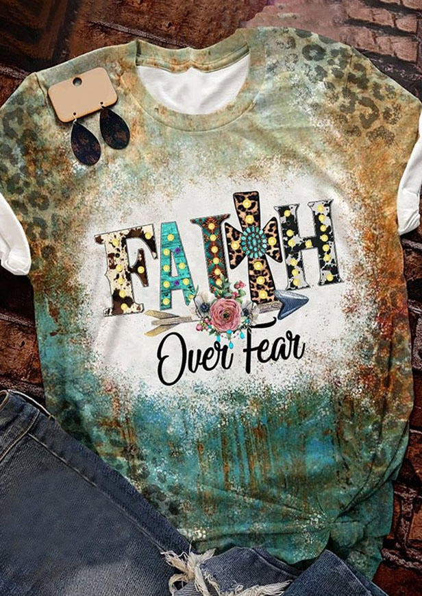 T-shirts Tees Faith Over Fear Arrow Floral Leopard T-Shirt Tee in Multicolor. Size: L,M,S,XL