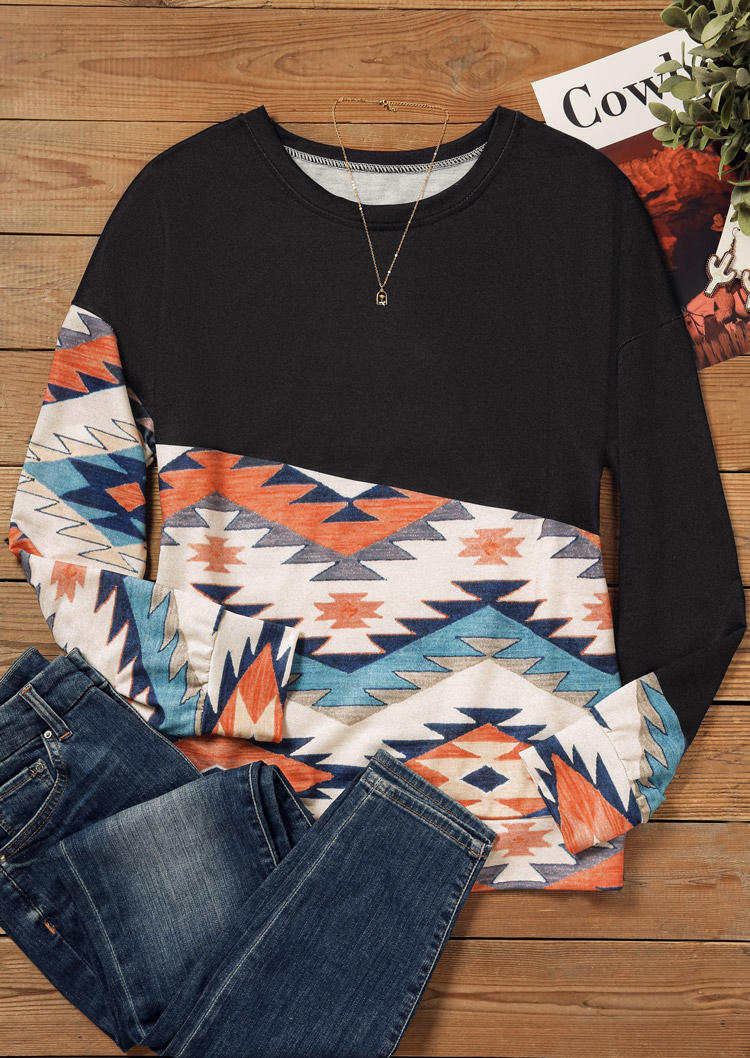 Sweatshirts Aztec Geometric Long Sleeve Pullover Sweatshirt in Multicolor. Size: L,XL