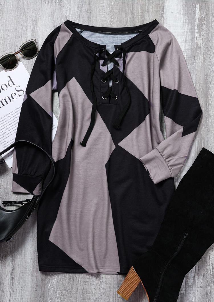 Color Block Geometric Lace Up Sweatshirt Mini Dress