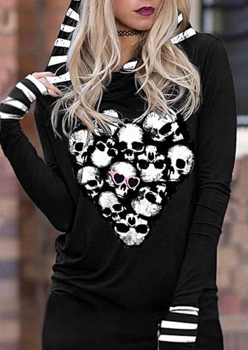 Mini Dresses Halloween Skull Striped Long Sleeve Hooded Mini Dress in Black. Size: L,M