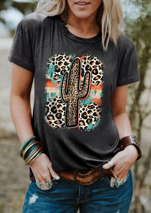 Leopard Cactus Serape Striped T-Shirt Tee - Dark Grey