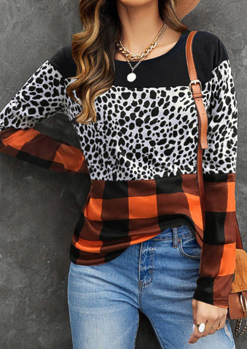 

Blouses Plaid Leopard Color Block O-Neck Blouse in Multicolor. Size: ,XL