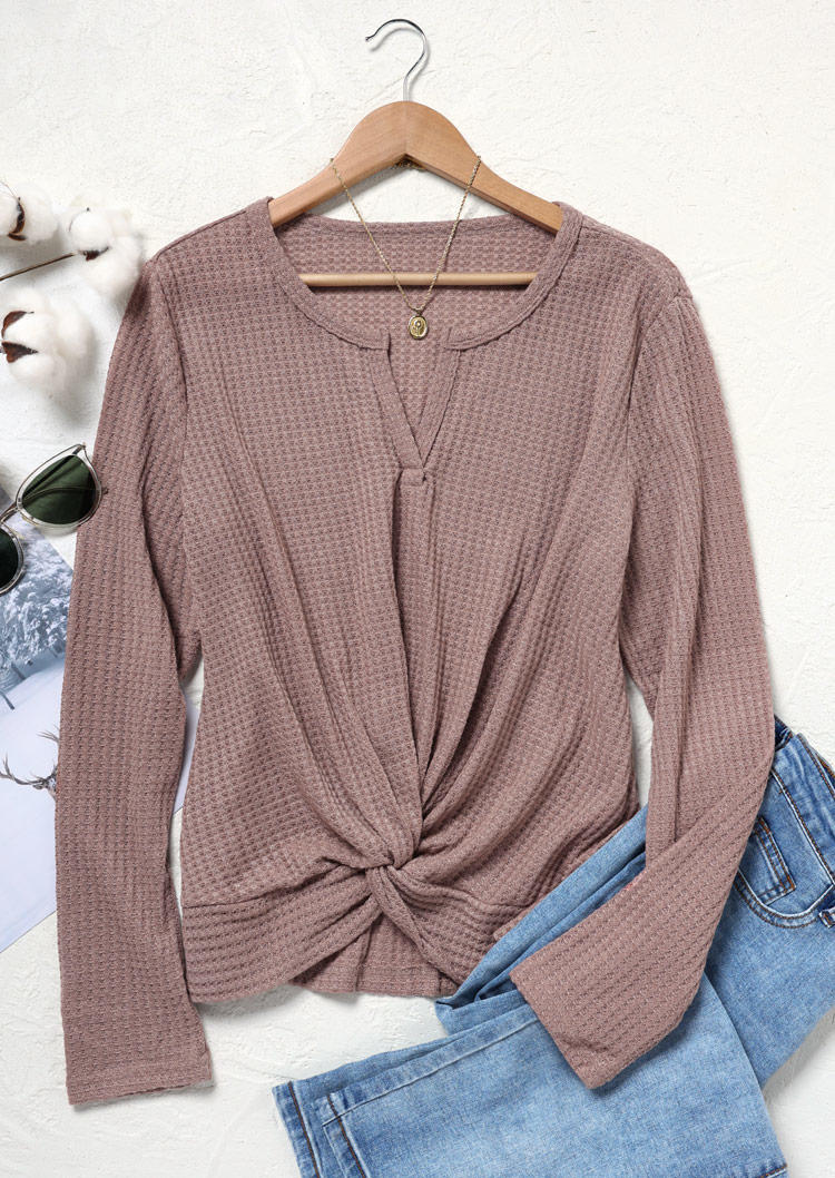 

Blouses Waffle Twist Notched Neck Blouse in Brown. Size