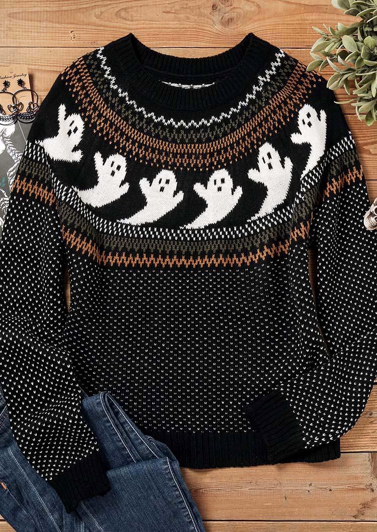 

Sweaters Halloween Ghost Long Sleeve O-Neck Sweater in Black. Size