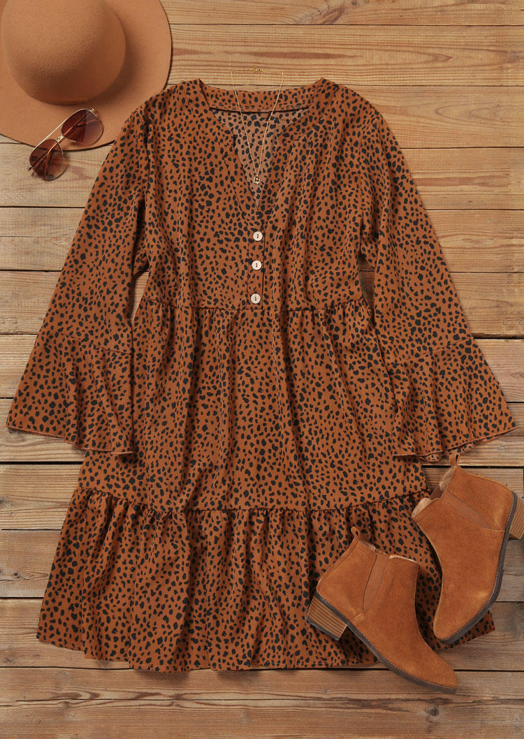 

Mini Dresses Leopard Button Flare Sleeve Mini Dress in Brown. Size: ,XL