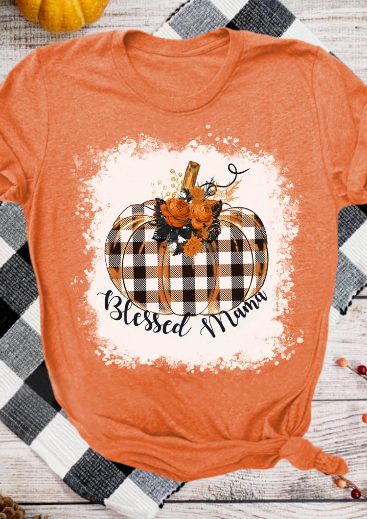 

T-shirts Tees Blessed Mama Plaid Pumpkin Bleached T-Shirt Tee in Orange. Size